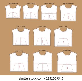 Apparel sewing pattern with cut and sew measurement details vector illustration front views.