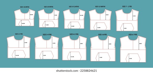 Apparel sewing pattern with cut and sew measurement details vector illustration front views.
