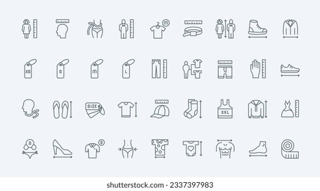 Apparel and shoe size thin black line icons set vector illustration. Tailors guide charts, human body parts and head to measure size of dress and shirt, chest and neck, waist and hip circumference