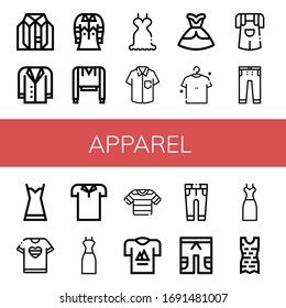apparel simple icons set. Contains such icons as Clothes, Jacket, Shirt, Sweatshirt, Dress, Jumper, Jeans, Nightgown, Tshirt, Polo shirt, can be used for web, mobile and logo