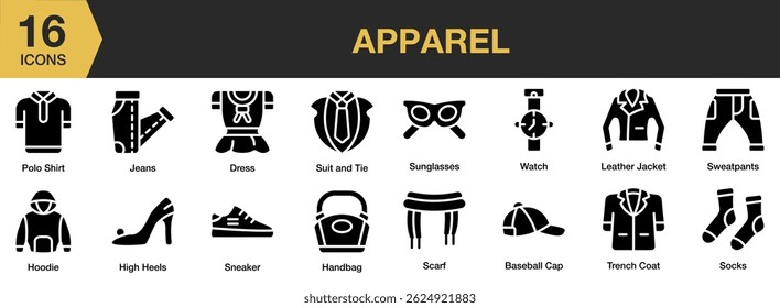 Apparel solid icon set. Includes apparel, fashion, clothes, clothing, trendy, and More. Solid icons vector collection.