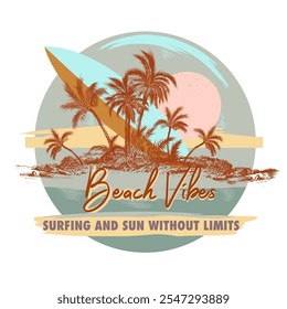 Apparel t shirt fashion summer print beach, hawaii, surfing and palms. Retro style poster, vacation vibes