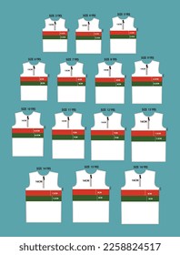 Apparel T shirt sewing pattern with cut and sew measurement details vector illustration front views.
