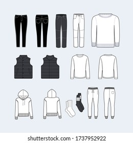 Apparel tech pack vector illustration. fashion clothes flat clip art for garments and textile. shirts, pants, socks, and regular wear tech-pack designs for fashion designers.