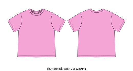 Apparel technical sketch unisex oversize t shirt. T-shirt design template. Pink color. Front and back views. Vector CAD technical fashion illustration.