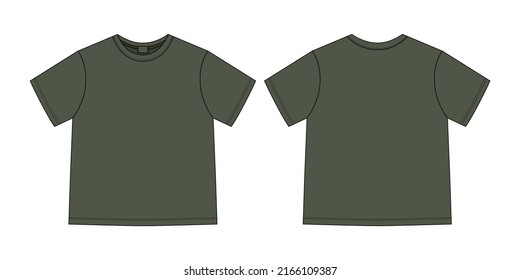 Apparel technical sketch unisex oversize t shirt. T-shirt design template. Khaki green color. Front and back views. Vector CAD technical fashion illustration.