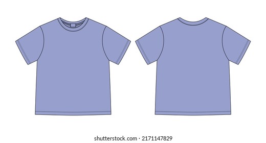 Aparato de boceto técnico unisex camiseta. Plantilla de diseño de camisetas. Color pastel de Lilac. Vistas frontal y posterior. Ilustración de moda técnica de CAD vectorial.