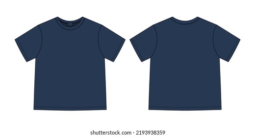 Apparel technical sketch unisex t shirt. Dark blue color. T-shirt design template. Front and back views. Vector CAD technical fashion illustration.