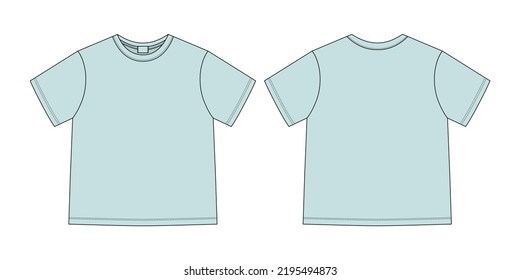 Apparel technical sketch unisex t shirt. Eggshell blue color. T-shirt design template. Front and back views. Vector CAD technical fashion illustration.