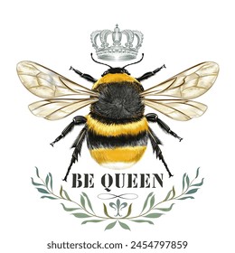 Apparel vector fashion print with realistic bumblebee be queen