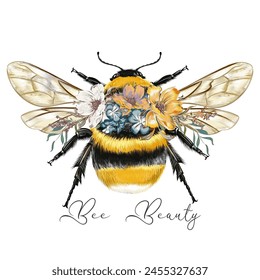 Apparel vector fashion print with realistic bumblebee be beauty