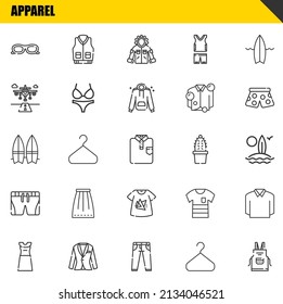 apparel vector line icons set. sunglasses, dress and surfboard Icons. Thin line design. Modern outline graphic elements, simple stroke symbols stock illustration