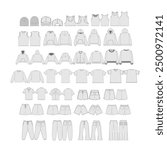 Apparel Vector Mockups Bundle Blank Men’s T-Shirt Shorts Design Template Cap Sweatshirts Varsity Jacket Mock-ups Realistic Style Baseball Cap Vector Mockups Template Clothing CAD Tech Pack Bundle Set