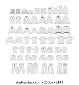 Ropa Vector Mockups Paquete En blanco Camiseta de los hombres Versiones cortas Diseño Plantilla Cap Sweatshirts Varsity Chaqueta Mockups Estilo realista Gorra de béisbol Vector Mockups Ropa de Plantilla CAD Tech Pack Paquete Set