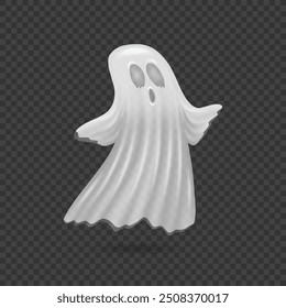 Aparición de la casa embrujada. Vector Personaje fantasma de Halloween con expresión facial espeluznante y grandes ojos mirando. Decoración de espíritu o poltergeist sobre fondo transparente