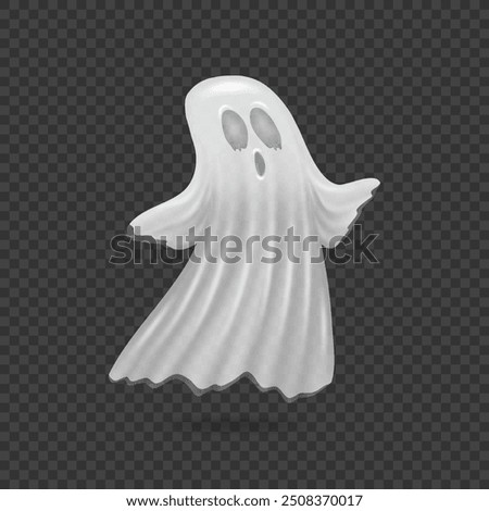 Apparition from haunted house. Vector Halloween ghost personage with spooky facial expression and big staring eyes. Spirit decoration or poltergeist on transparent background
