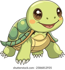 An appealing cartoon illustration of a happy turtle with a friendly smile. 