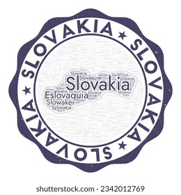 Appealing country badge with word cloud in shape of Slovakia. Round emblem with country name. Beautiful vector illustration.