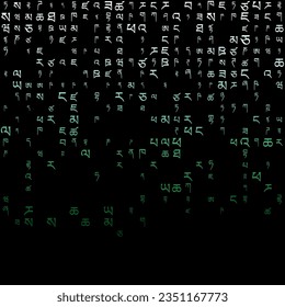 Fondo de matriz atractivo con colores verdes azules. Cuadrícula de símbolos tibetanos al azar. Impresionante ilustración de vector cuadrado.