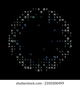 Appealing matrix background in green blue colors. Grid of random Tibetan symbols. Attractive circular vector illustration.