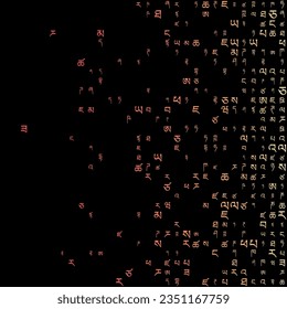 Appetitiver Matrix-Hintergrund in gelb-orangefarbenen Farben. Gitter zufälliger tibetischer Symbole. Radiante quadratische Vektorgrafik.