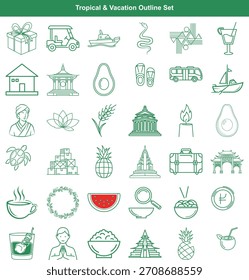 Un atractivo conjunto de iconos de contorno que representan viajes tropicales, actividades de vacaciones y Elementos culturales, perfecto para promociones turísticas.