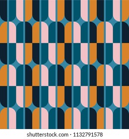 Appealing seventies inspired geometric seamless repeat vector pattern. Interesting vintage color combination. Great for backgrounds, fabrics, interior surfaces, wrapping papers etc.
