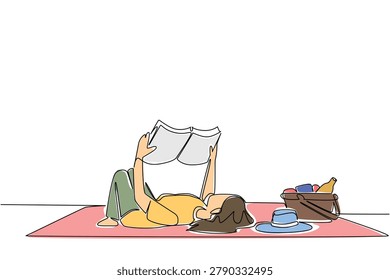 Appealing single line drawing featuring a woman lying on a picnic blanket while reading an interesting book. A lovely recreation concept prepared for International Picnic Day banner designs.