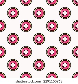 Appealing square tile featuring a captivating food illustration. Seamless pattern with donut on linen background. Design for webpages to highlight content. 