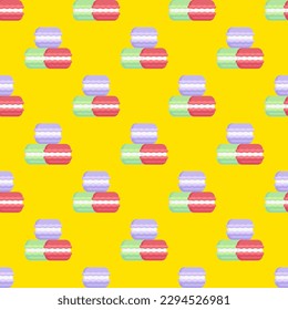 Appealing square tile featuring a captivating food illustration. Seamless pattern with macaron on golden poppy background. Design for a polka dot wallpaper.
