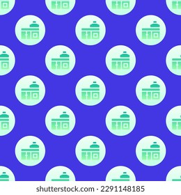 Appealing square tile showcasing an amusing food illustration. Seamless pattern with kitchen on iris background. Design for a plaid wallpaper.