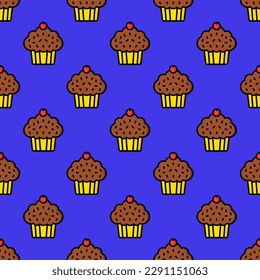 Appealing square tile showcasing an amusing food illustration. Seamless pattern with cupcake on medium spring bud background. Design for a spotted fabric.