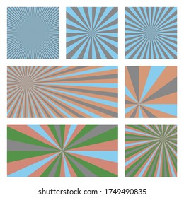 Colección de fondo de la explosión solar atractiva. Fundas abstractas con rayos radiales. Auténtica ilustración vectorial.