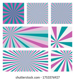 Appealing sunburst background collection. Abstract covers with radial rays. Creative vector illustration.