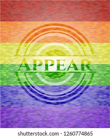 Appear emblem on mosaic background with the colors of the LGBT flag
