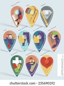 Appearance, beauty and body care.Wonderfully designed flat set of ten map pins with long shadows created using gradient mesh.
