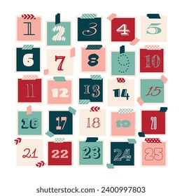 Calendario de aparición. Las etiquetas de regalo de Navidad numeradas de 1 a 25. Caja de regalo rústica. Decoración ecológica. Preparación para la celebración del Año Nuevo y la Navidad