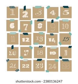 Calendario de aparición. Etiquetas de regalo navideño de papel Kraft numeradas de 1 a 25. Caja de Regalos Rústica. Decoración ecológica. Preparación para la celebración de Año Nuevo y Navidad. Estilo de dibujos animados planos vectoriales