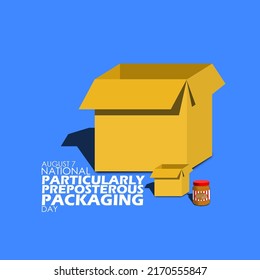 The appearance of a large box filled with small box that only contains a bottle of peanut butter with bold text on blue background to commemorate Particularly Preposterous Packaging Day on August 7th