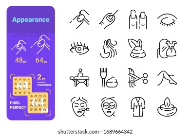 Appearance line icons set vector illustration. Collection of manicure, make-up, haircut, hairstyle, massage, face cleaning, aroma and spa procedures, epilation, boutique symbols flat style