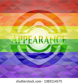 Appearance on mosaic background with the colors of the LGBT flag