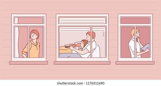 The appearance of the people in the house is seen through the window. hand drawn style vector design illustrations.