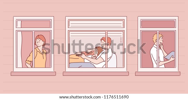 家の中の人々の姿が窓から見える 手描きのスタイルのベクター画像デザインイラスト のベクター画像素材 ロイヤリティフリー