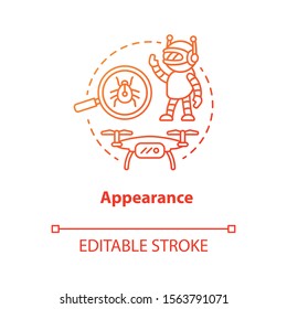 Appearance red concept icon. Robots and electronic devices idea thin line illustration. Modern gadgets, creations. Innovative design. Vector isolated outline drawing. Editable stroke