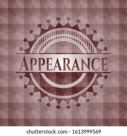 Appearance red seamless emblem or badge with geometric pattern background.