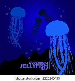 The appearance of some jellyfish in the deep blue sea with bold text on dark blue background to commemorate Jellyfish Day on November 3 