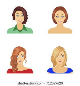 The appearance of a woman with a hairdo, the face of a girl. Face and appearance set collection icons in cartoon style vector symbol stock illustration web.