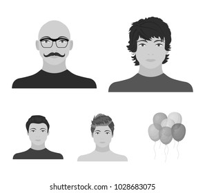 The appearance of the young guy, the face of a bald man with a mustache in his glasses. Face and appearance set collection icons in monochrome style vector symbol stock illustration web.