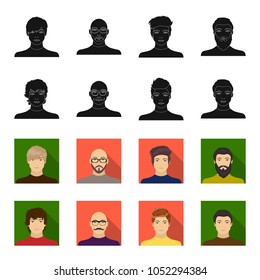 The appearance of the young guy, the face of a bald man with a mustache in his glasses. Face and appearance set collection icons in black,flet style vector symbol stock illustration web.