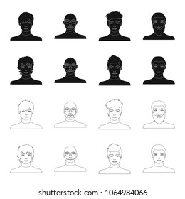 The appearance of the young guy, the face of a bald man with a mustache in his glasses. Face and appearance set collection icons in black,outline style vector symbol stock illustration web.